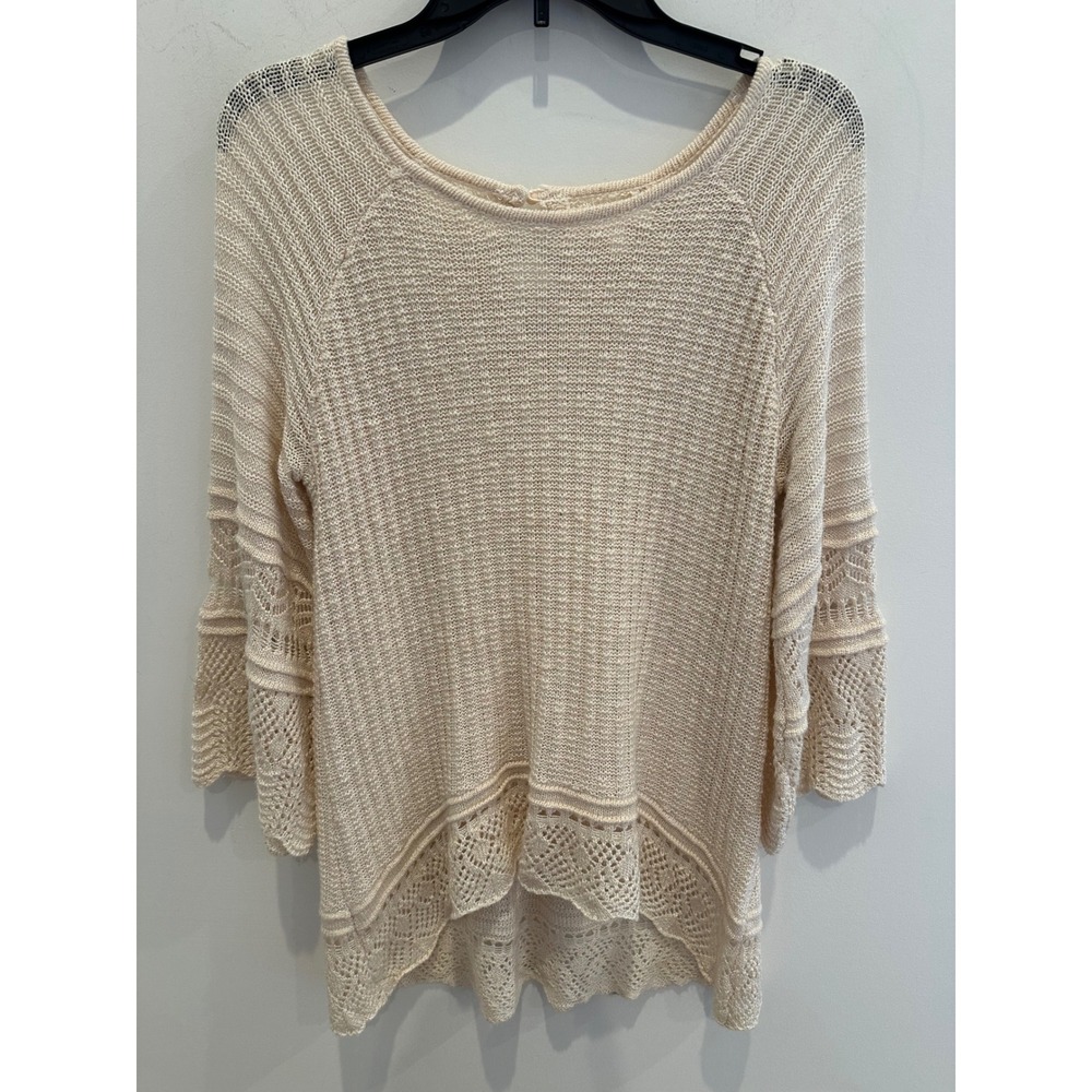 LC Lauren Conrad Cream Knit Lace Trim High Low Sweater Bell Sleeve Medium